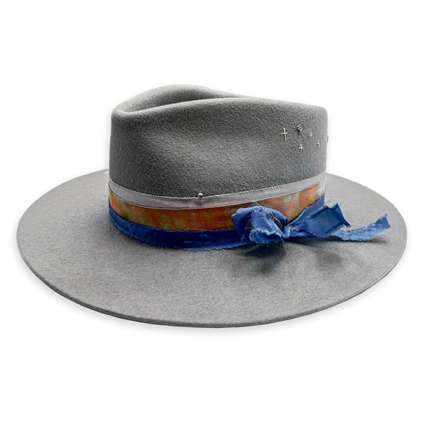 Dominique Cohen designer hat, Self Love,<br>an ash grey beauty dressed in champagne diamonds, sterling silver, and hand-dyed silk <span class='visuallyhidden'>Text, phone 323-404-2959 for shopping assistance.</span>